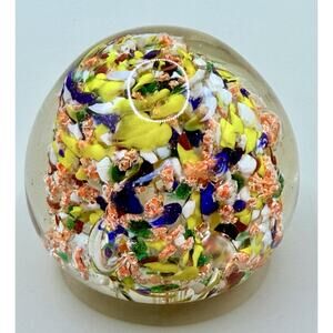 Vintage Murano Paperweight Confett Art Glass Yellow Multicolor Italy